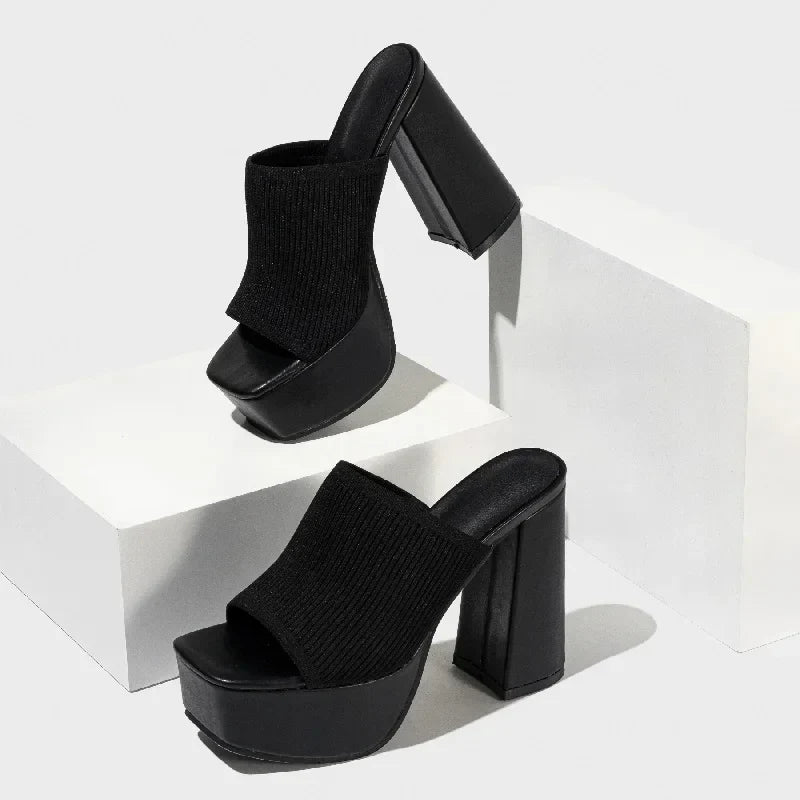 Stretch Fabric Square Toe Platform High Heels Sandals