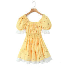 Print Puff Sleeve Ruffles Lace-up  Mini Dress