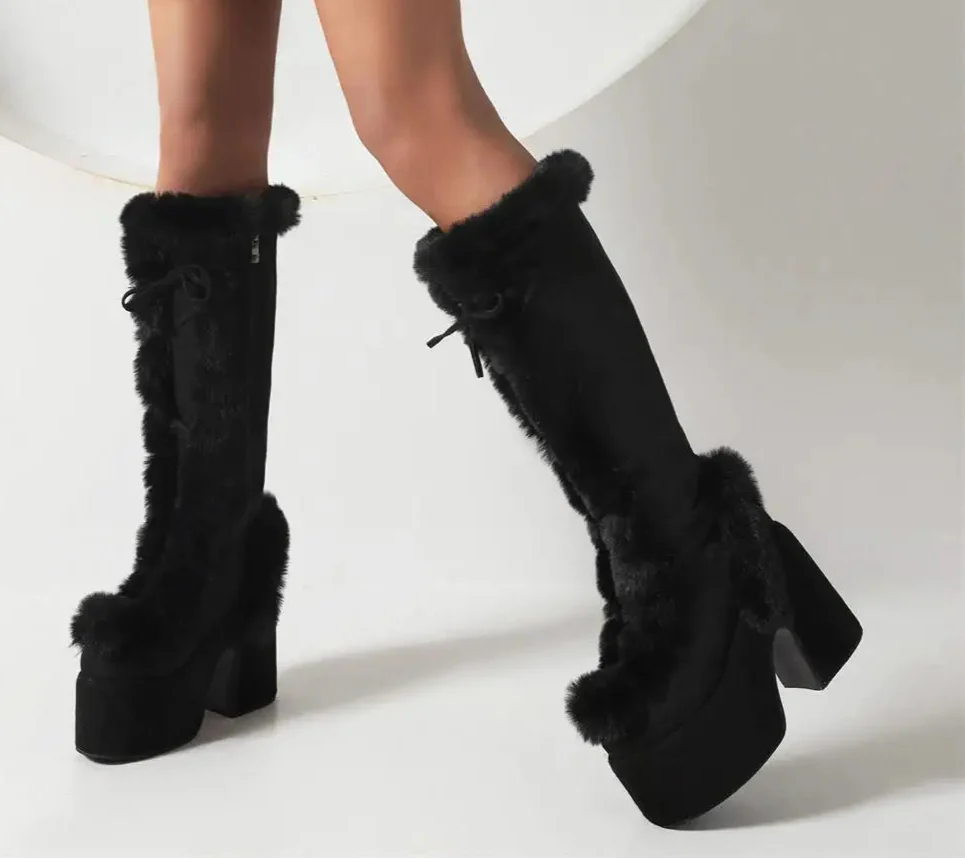 Zip Faux Fur Chunky High Heeled Boots