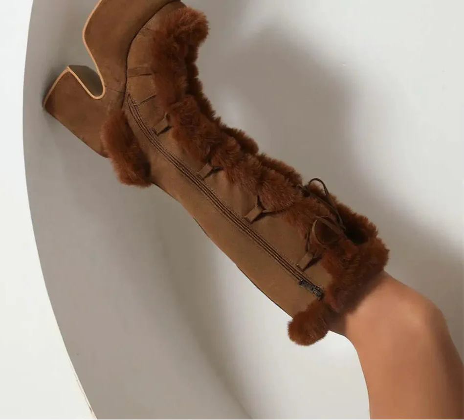 Zip Faux Fur Chunky High Heeled Boots