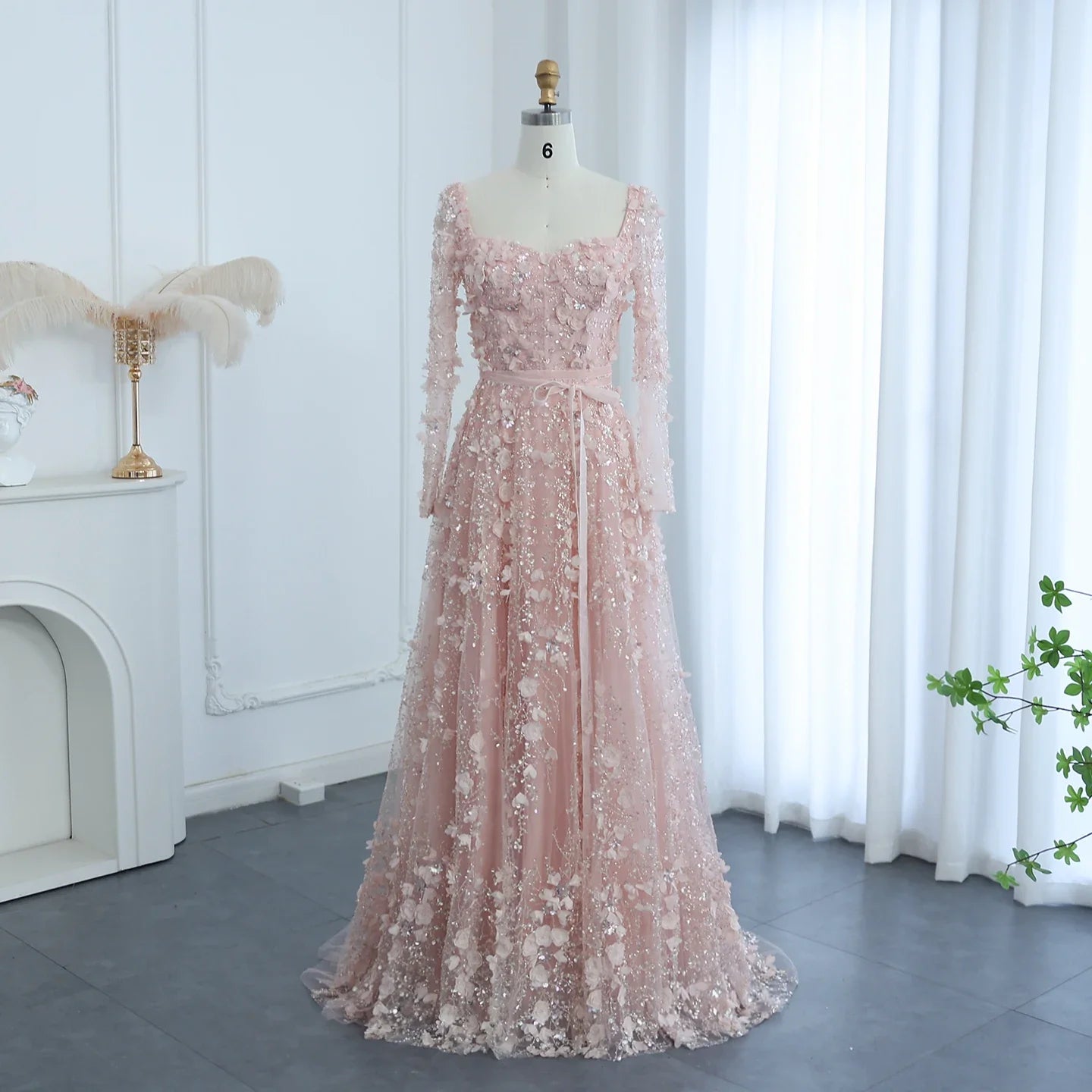 3D Floral A-Line Evening Gown Long Sleeves