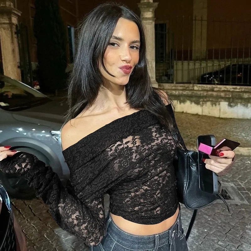 Lace Hollow Out Off-Shoulder Solid Tee