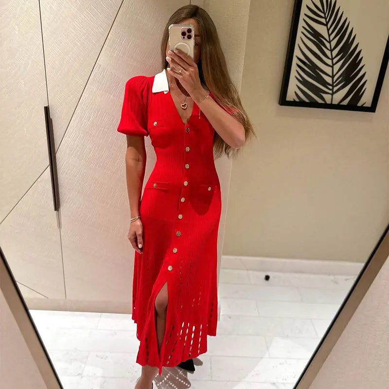 Ribbed Contrast Collar Short Sleeve Buttoned Midi Dress