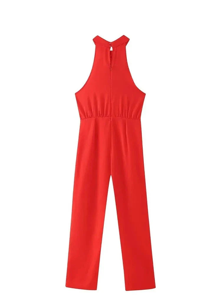 Red High Waist Hanging Neck Sleeveless Jumpsuit