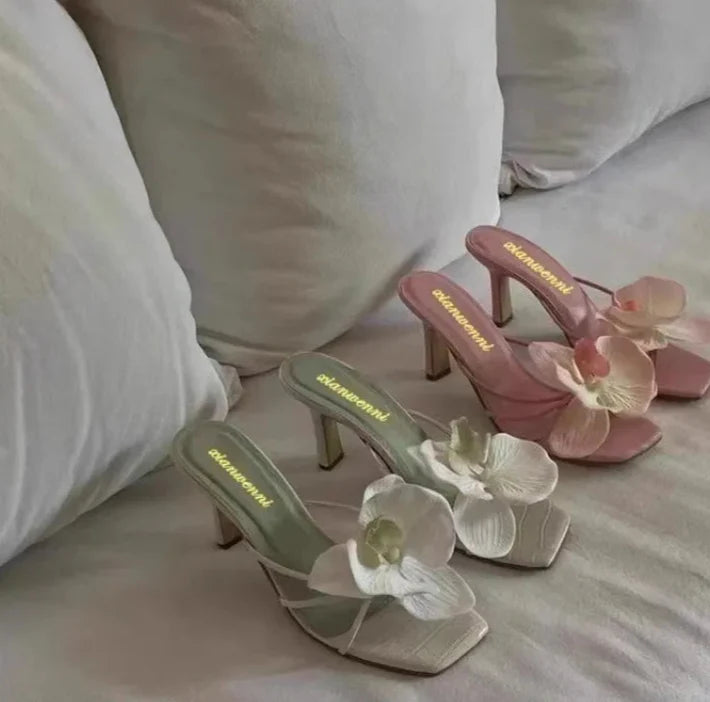 3D Flower High Heels Square Toe Shoes