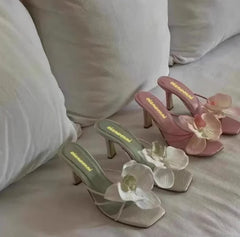 3D Flower High Heels Square Toe Shoes