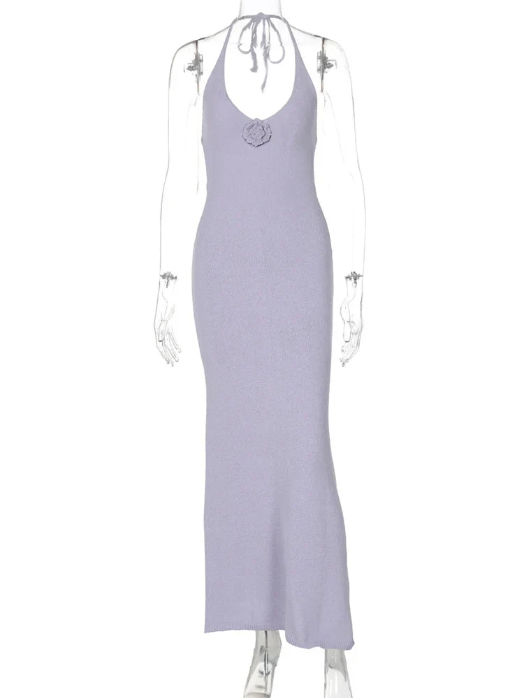 Floral  Knit Hollow Out Lace-Up Maxi Dress