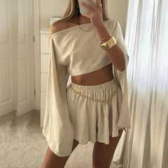 Skew Collar Long Sleeved Asymmetric Cotton Linen Top Mini Skirt Set
