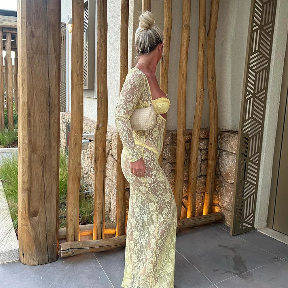 Perspective Lace Hollow Out Bodycon Maxi Dress