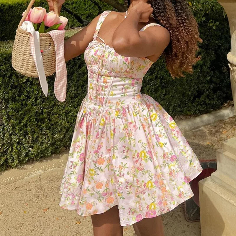 Flower Printed Open Back A-line Corset Mini Dress