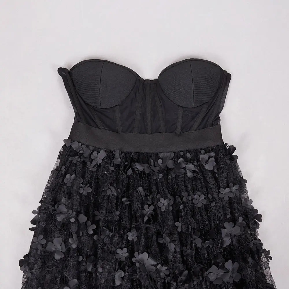 3D Flower Splicing Lace Strapless Puff Dress