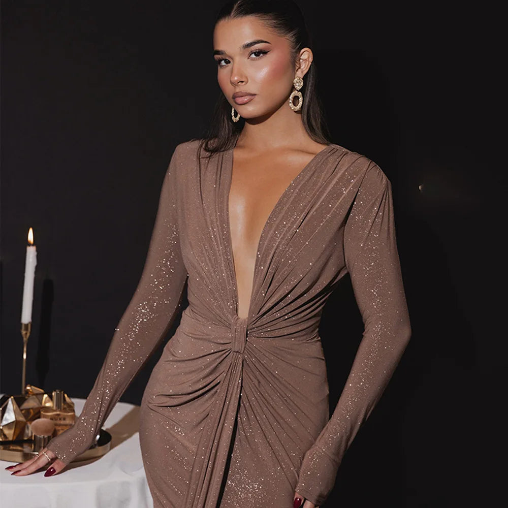 Elastic Deep V-Fold Lace Maxi Dress