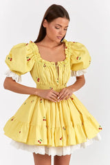 Print Puff Sleeve Ruffles Lace-up  Mini Dress