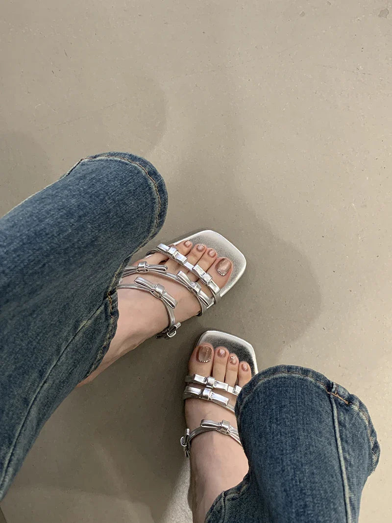 Leopard Narrow Band Thin Low Heels Sandals