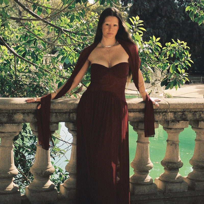 Sheer Strapless Patchwork Pleated Scarf Maxi Dress