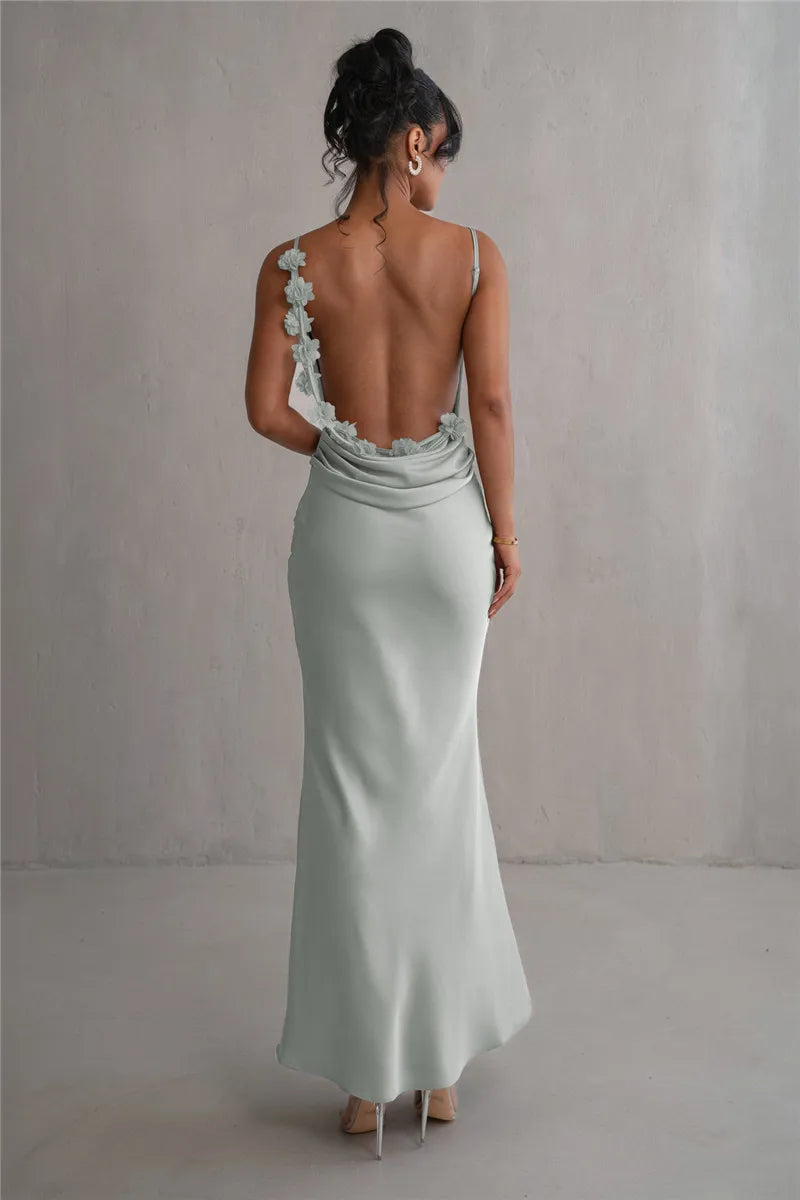 Floral Draped Open Back Spaghetti Strap Maxi Dress