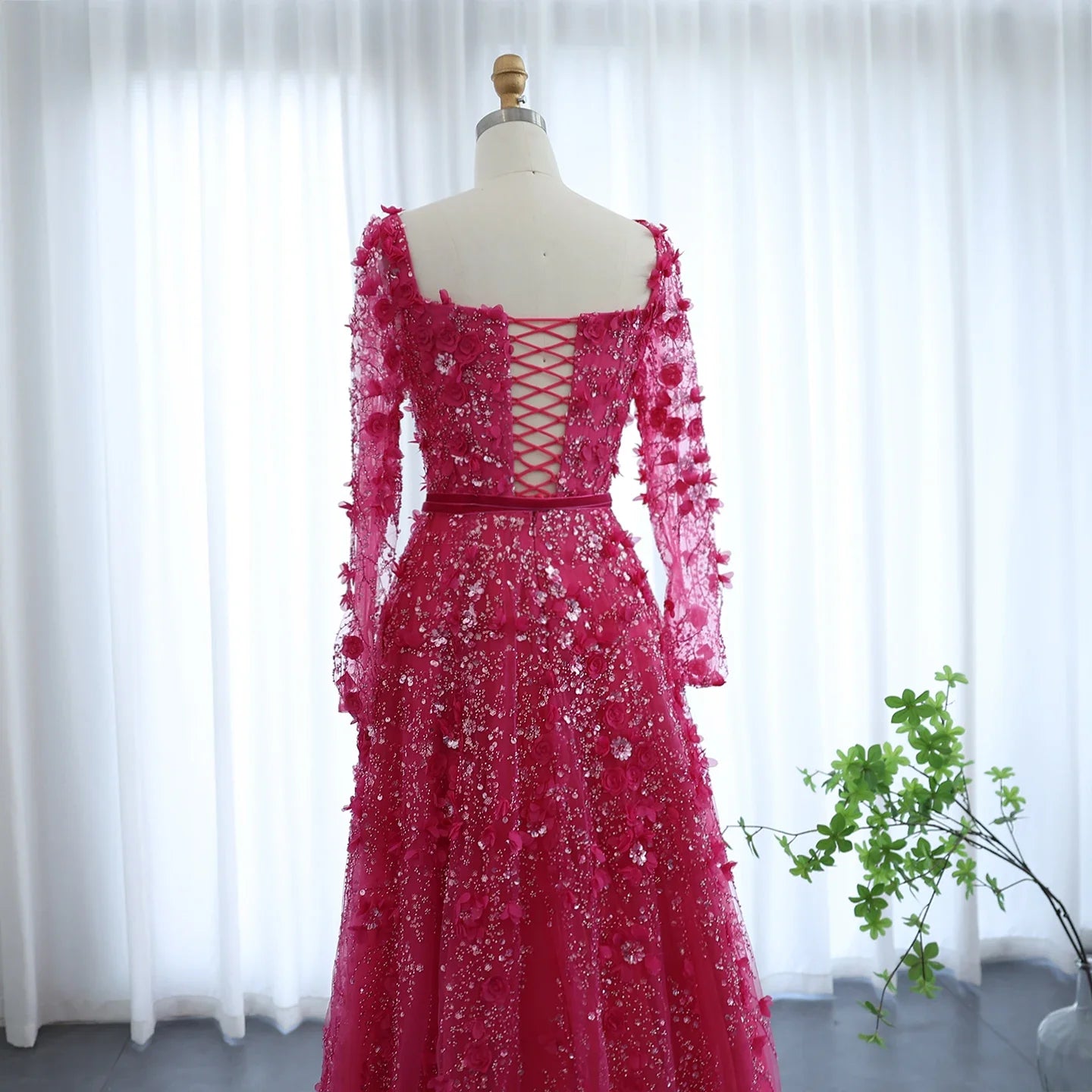 3D Floral A-Line Evening Gown Long Sleeves