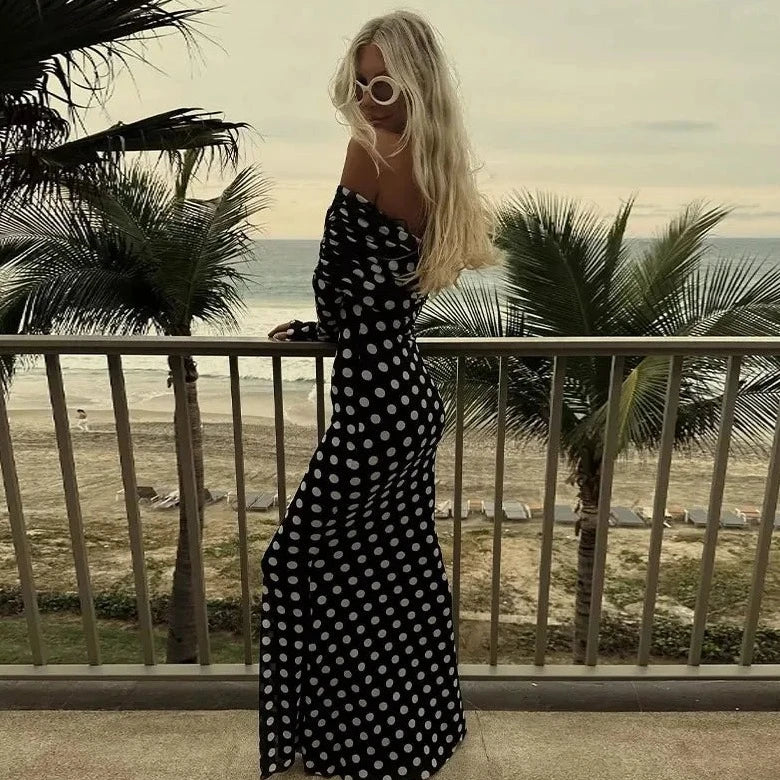 Polka Dots Off Shoulder Long Sleeves Maxi Dress