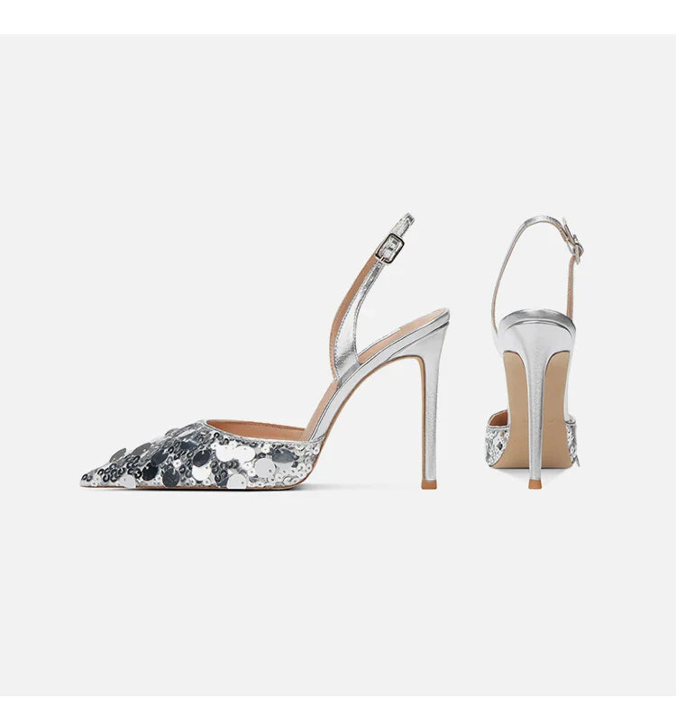 Single button Back strap Sequins Thin heel Sandals