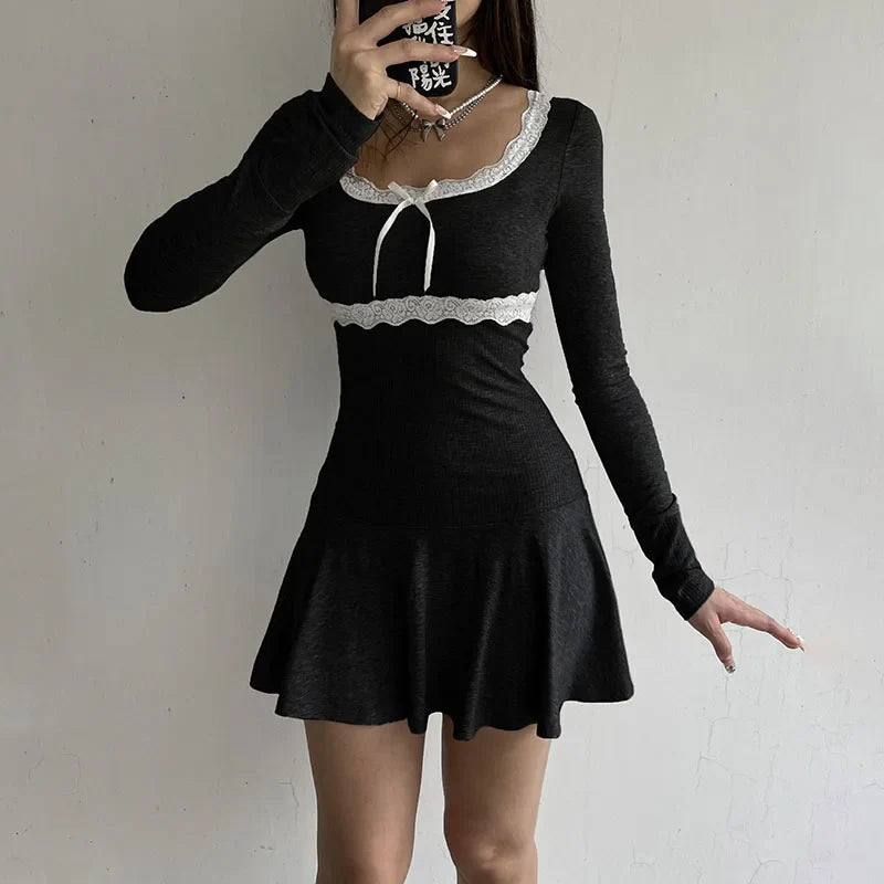 Basic Sweet  Bow Lace Patchwork Knit Dress