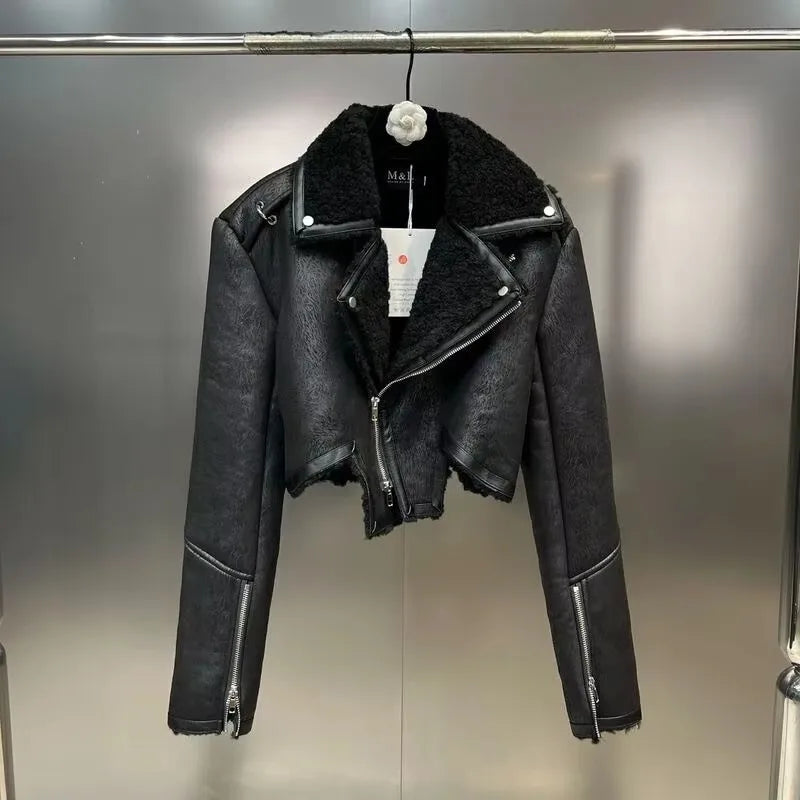 Tie Dye Fur Turn down Collar PU Leather Coat