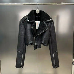 Tie Dye Fur Turn down Collar PU Leather Coat