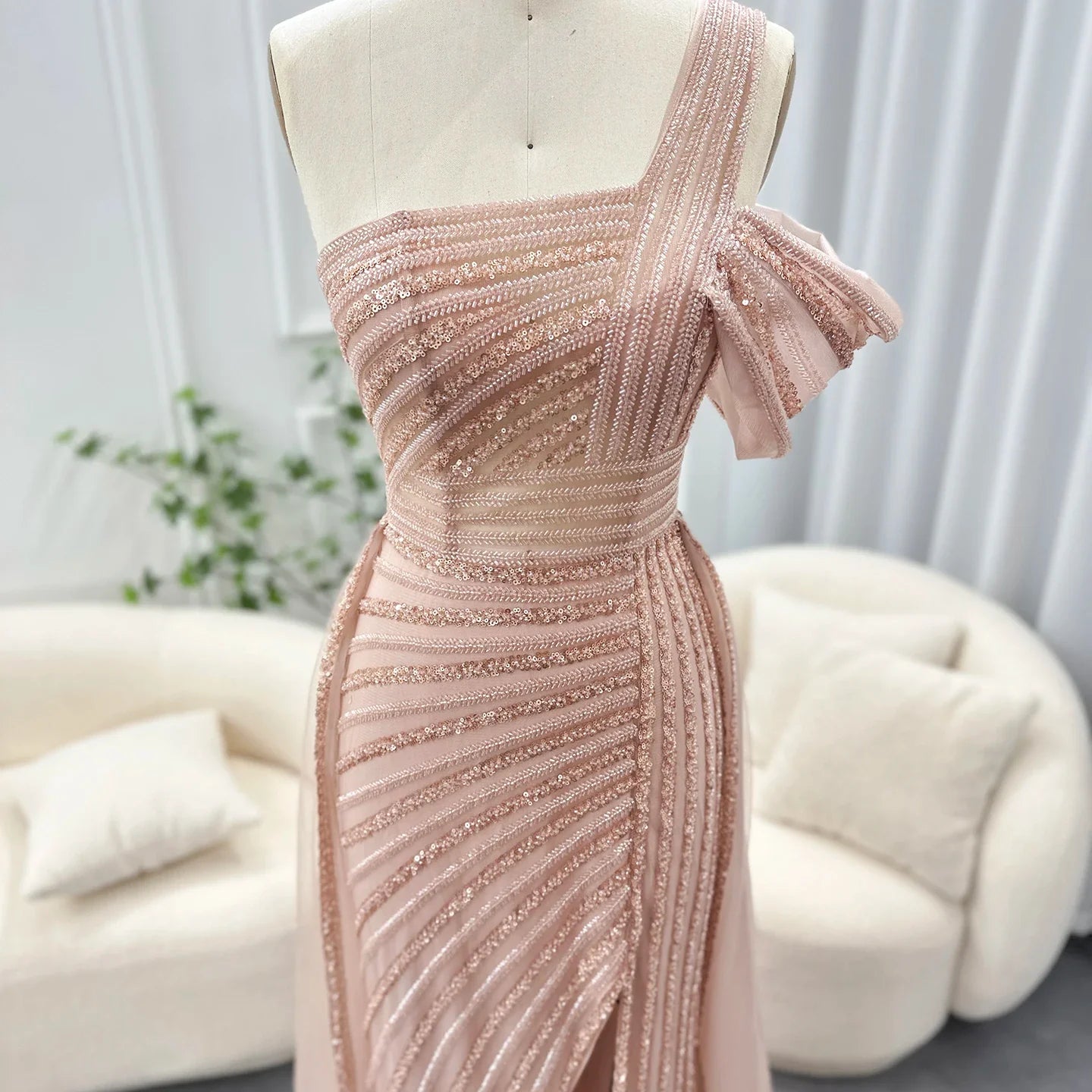 Sage Green One-Shoulder Evening Gown with Overskirt