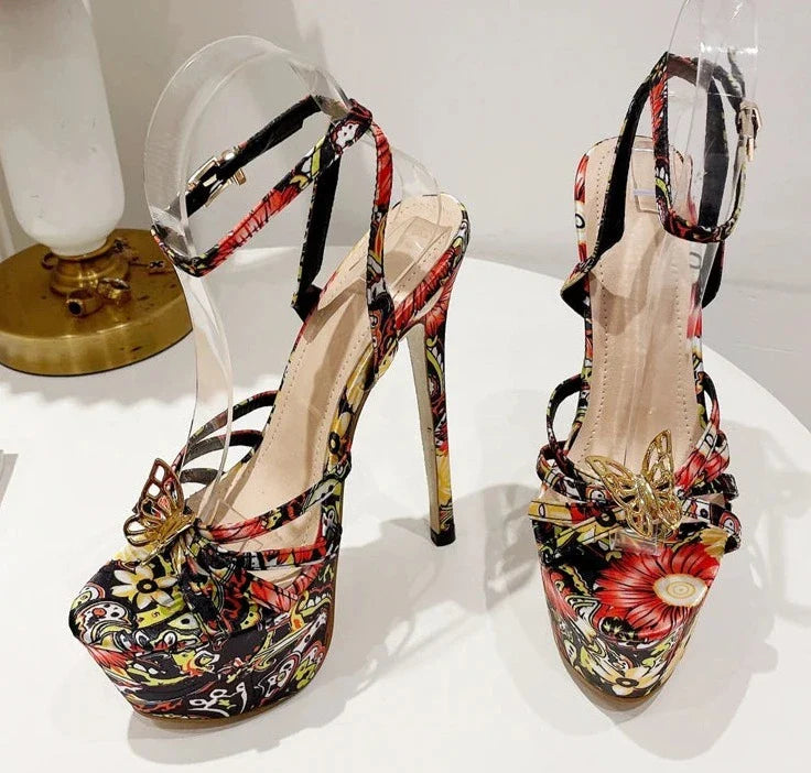 Butterfly-Knot Open Toe Ankle Buckle Strap Stiletto Heels