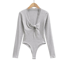Spliced Lace Bow V neck Jersey Long Sleeve Bodysuit