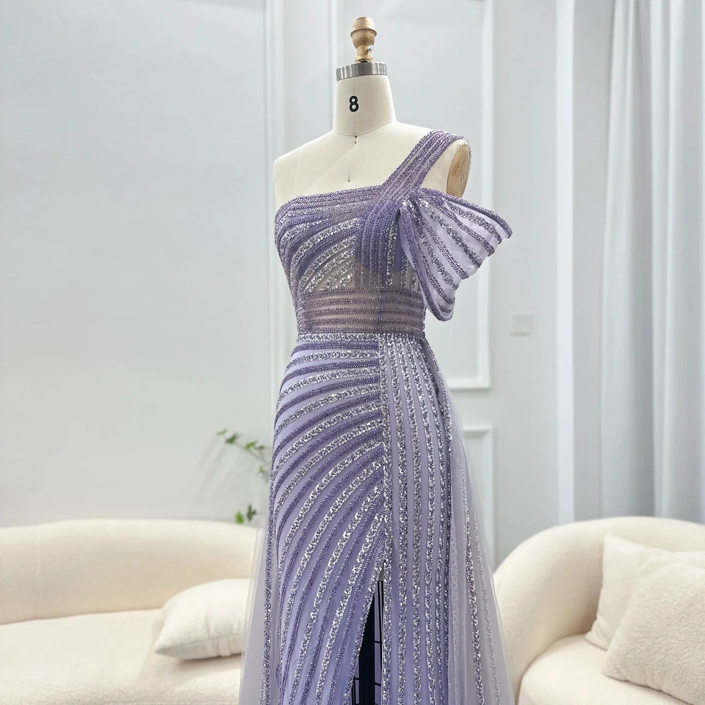 Sage Green One-Shoulder Evening Gown with Overskirt