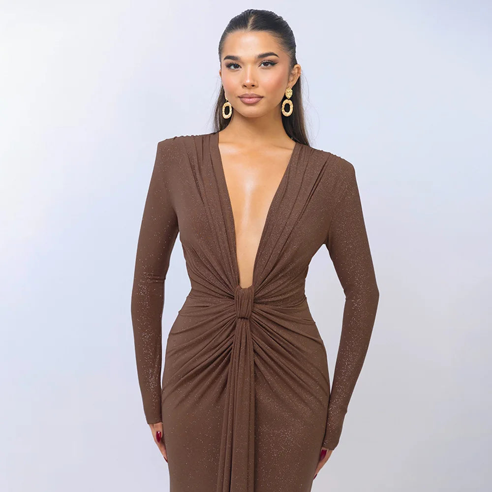 Elastic Deep V-Fold Lace Maxi Dress