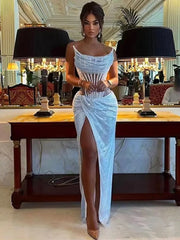 Strapless Mesh Sequins Ruffles Maxi Dress