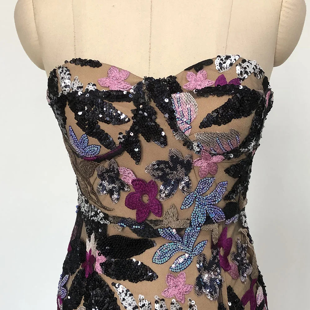 Sequin Floral Strapless Maxi Dress