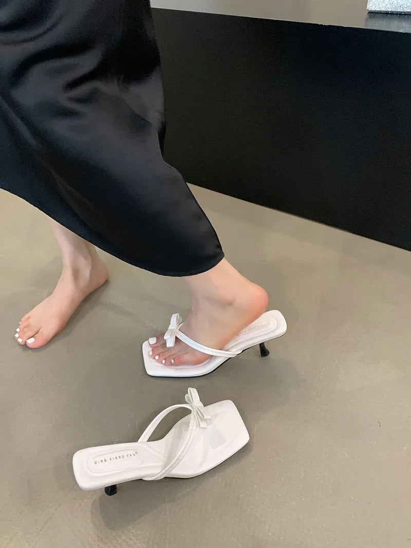 Satin Butterfly-knot Clip Toe Thin Low Heels Slides Shoes