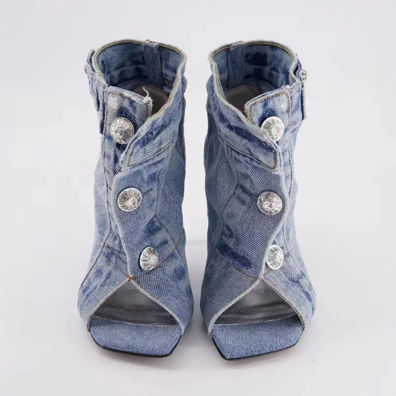 Denim Slim High Heel Button Sandals