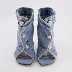 Denim Slim High Heel Button Sandals