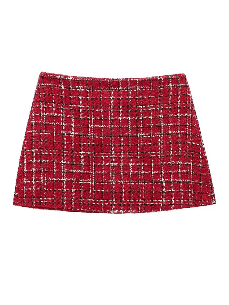Plaid Lapel Coat and Side Zipper Short Suit