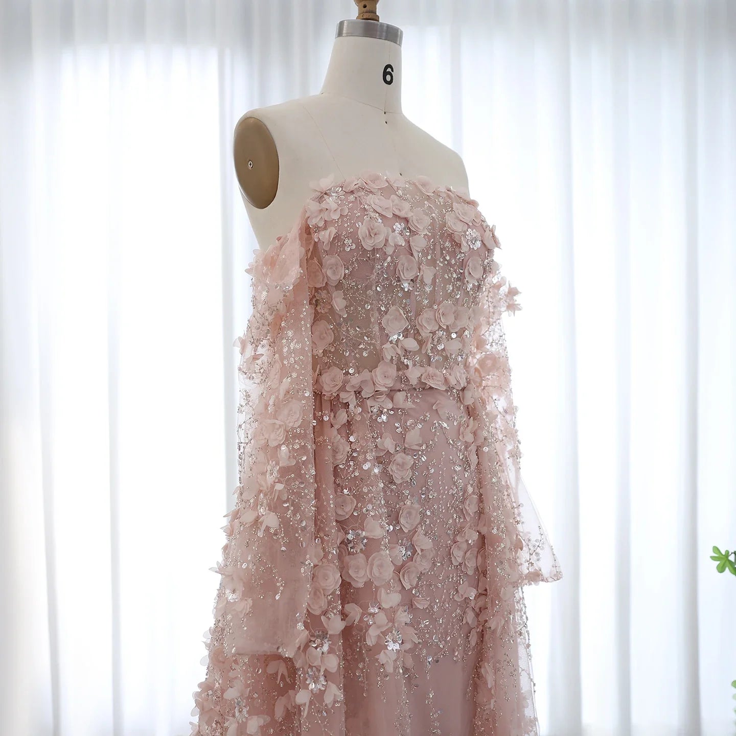 3D Flowers Evening Dress with Overskirt Long Sleeves
