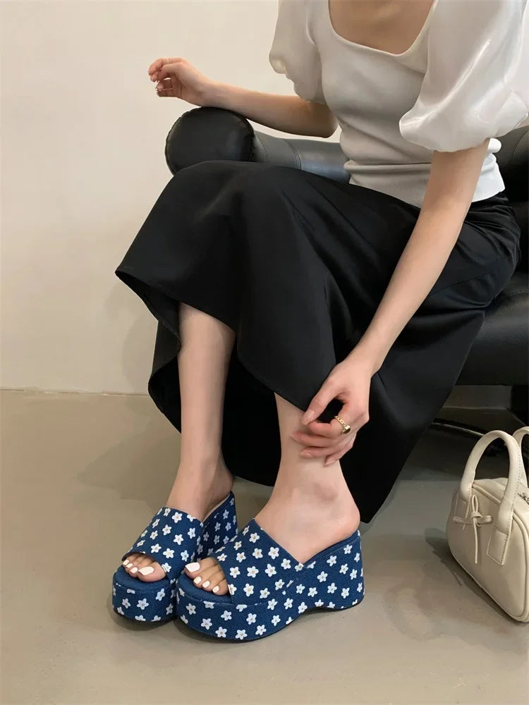 Flower Platform Wedges Open Toe Ladies Shoes
