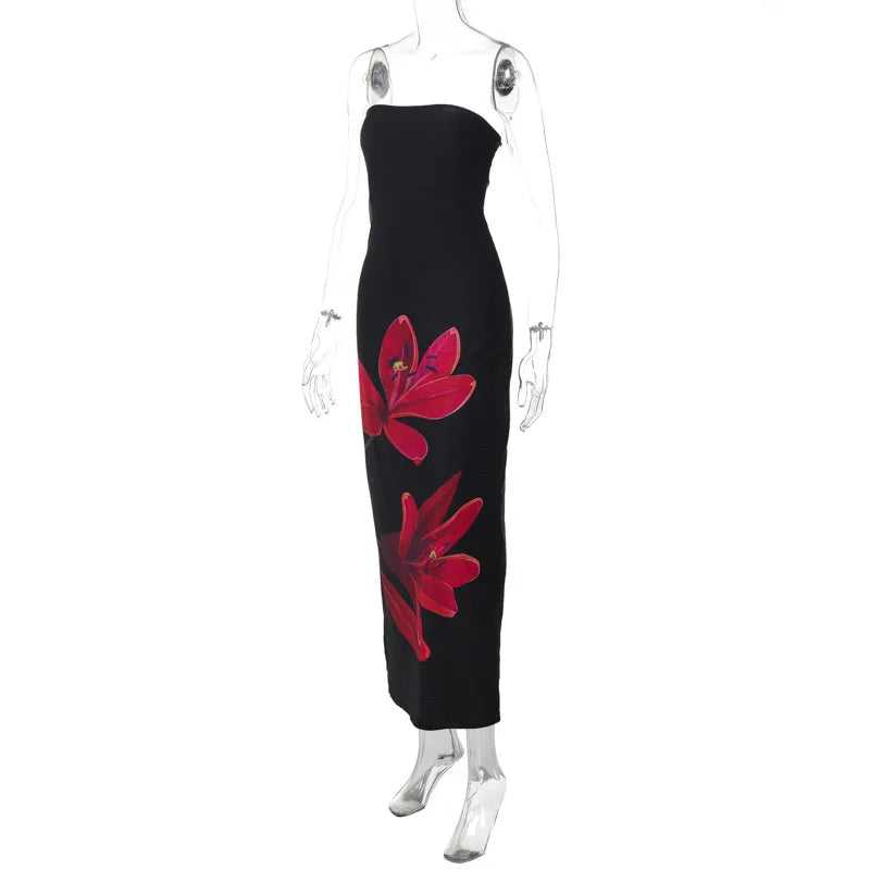 Black Tube Flower Print Back Tie Up Maxi Dress
