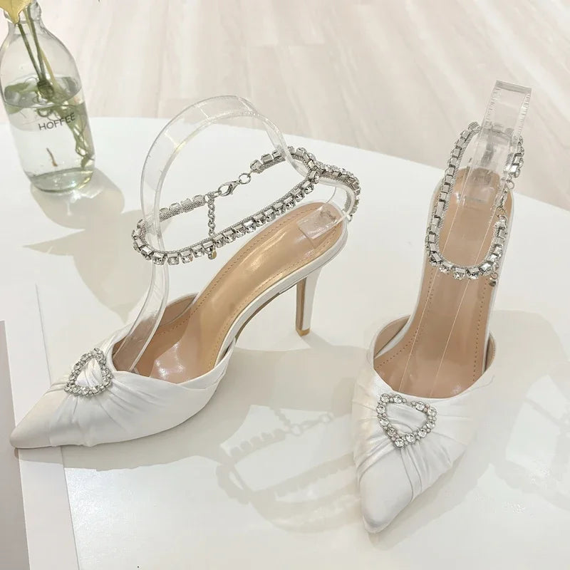 Crystal Buckle Strap Pointed Toe Pumps Shoes