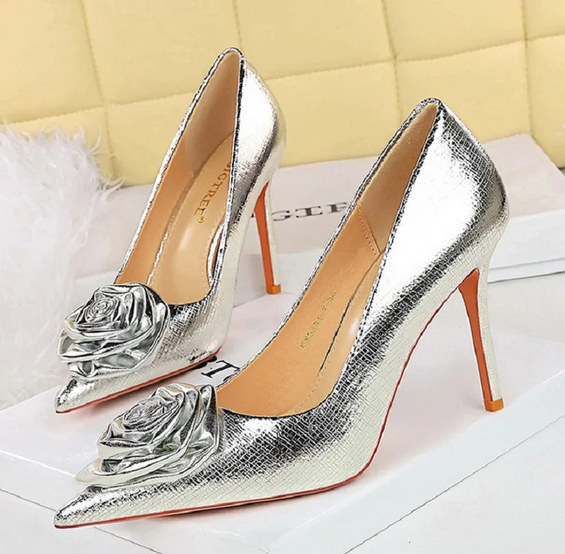 Flowers Pumps Pointed Toe Thin Low Heels