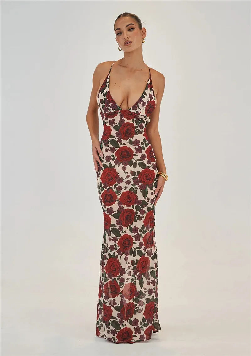 Red Floral Maxi Dress with Cowl Neck & Tie Back