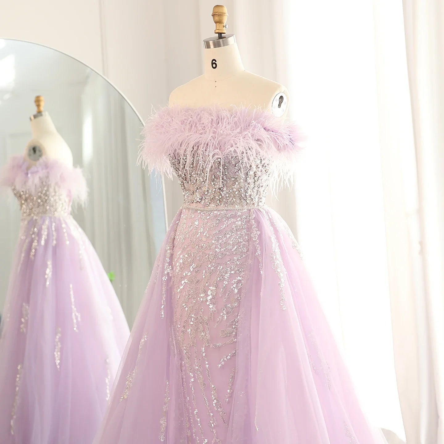 Feathers Off-shoulder Side Slit Overskirt Party Dress