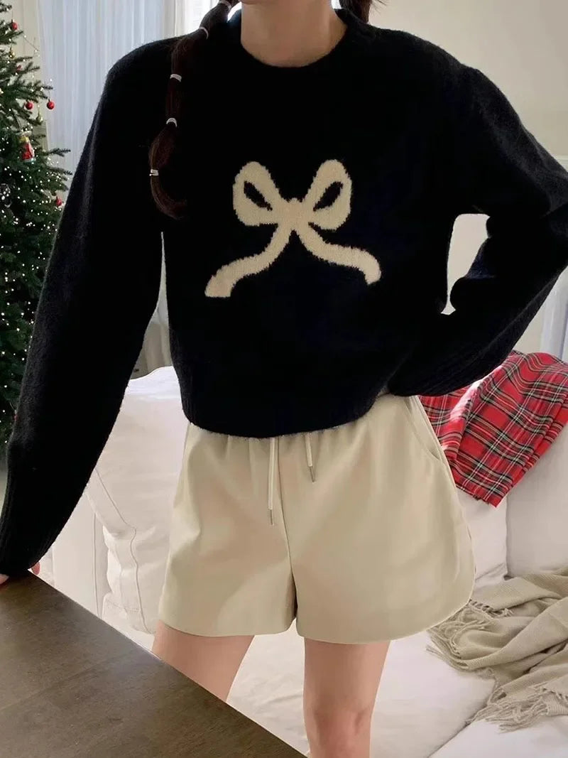 Cute Bow Knitted O neck Long Sleeve Sweater