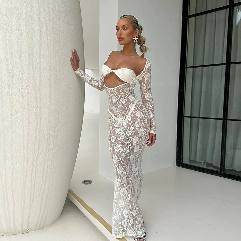 Perspective Lace Hollow Out Bodycon Maxi Dress