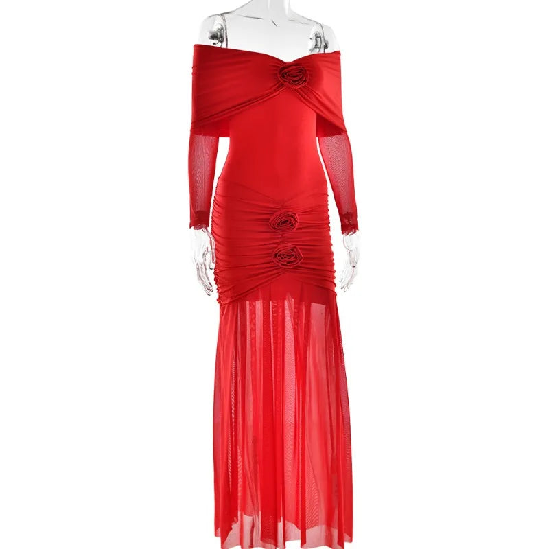 3D Flower-appliqué Mesh Long Sleeve Fishtail Maxi Dress