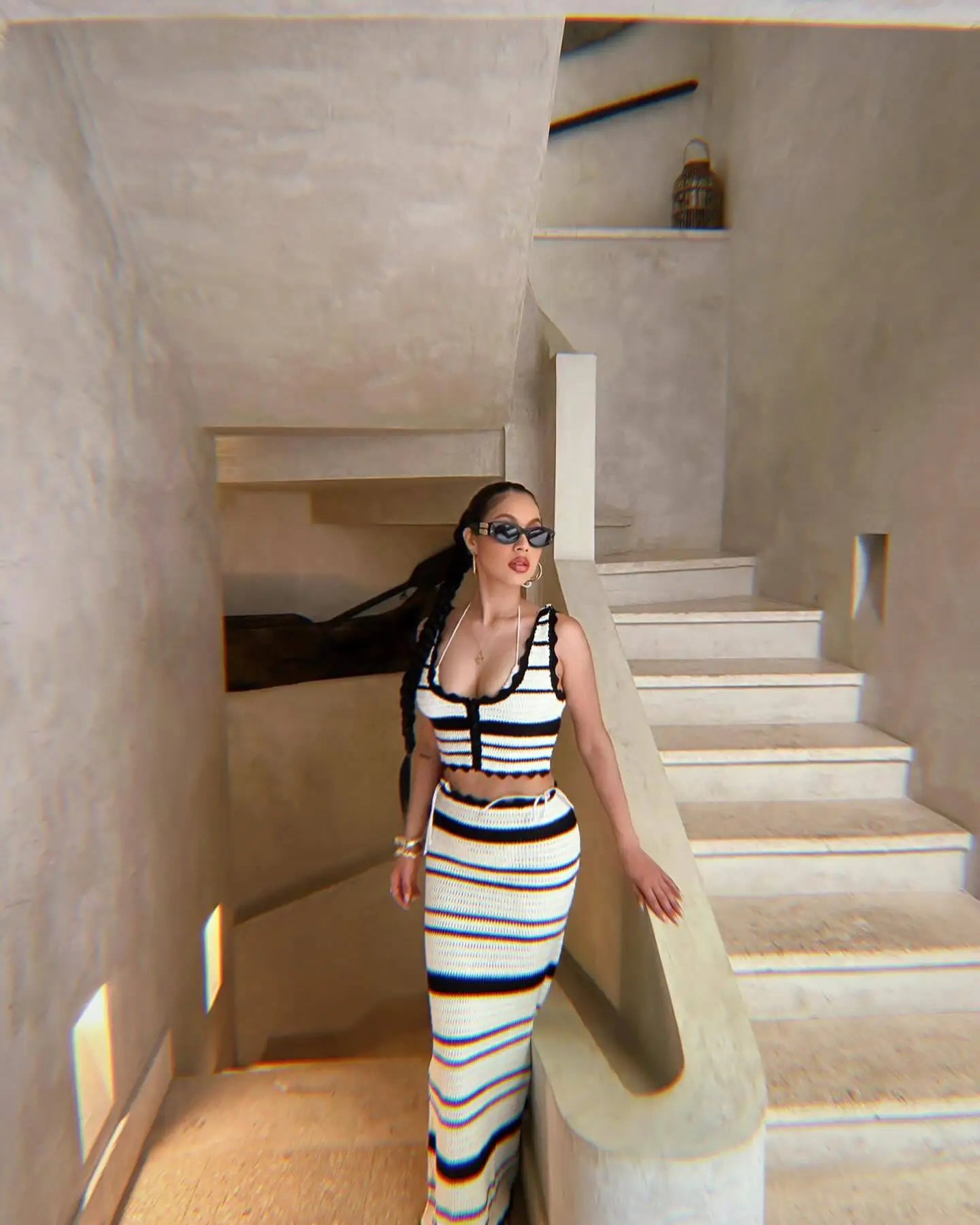 Striped Contrast Knitted Top and Long Skirt Set