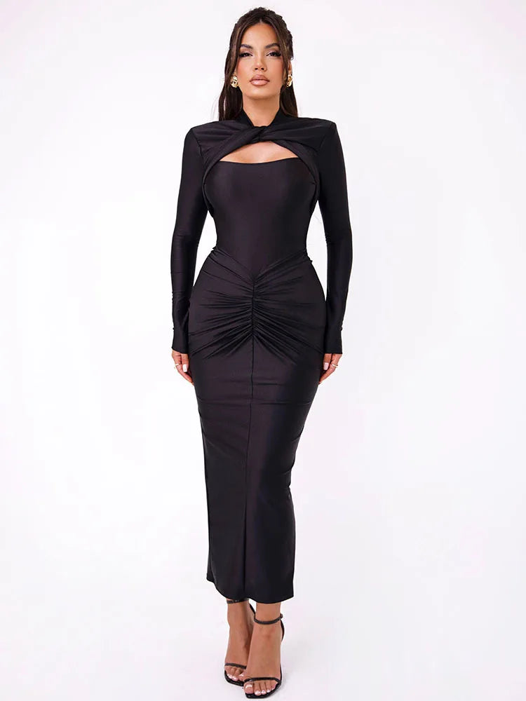 Long Sleeved Pleated Hollowed Out Maxi Dress