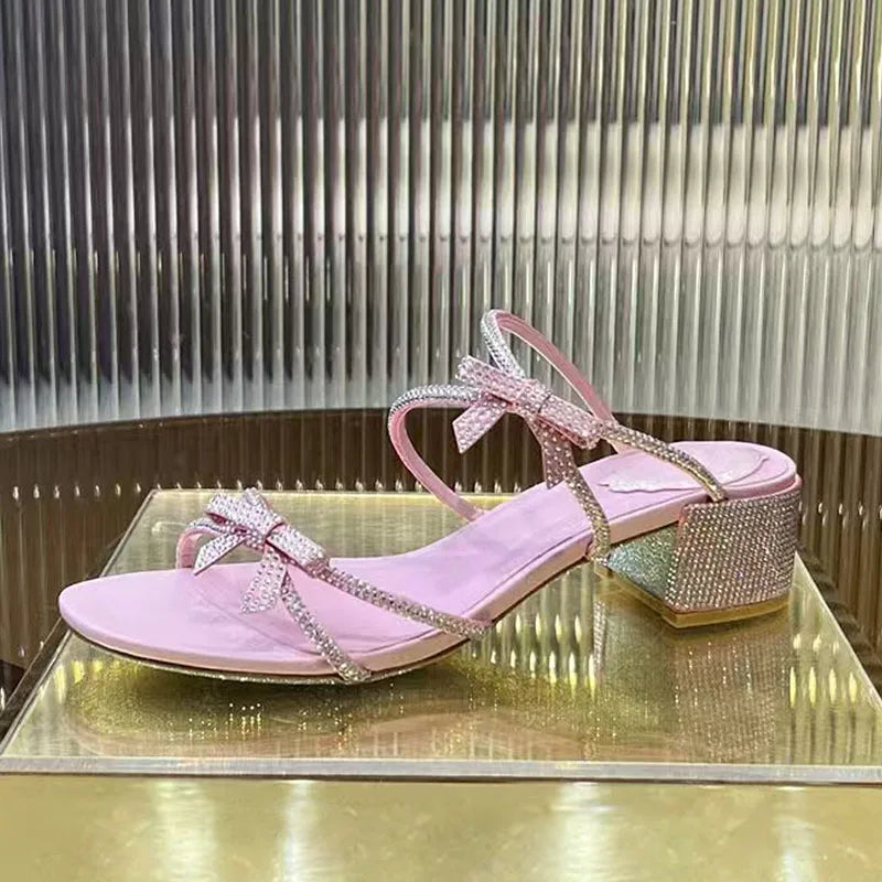 Square Heels Crystal Butterfly-knot Party Shoes